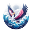 Wisatanetra logo showing a Garuda on ocean waves having white blue pink feathers, and golden beak and crown.